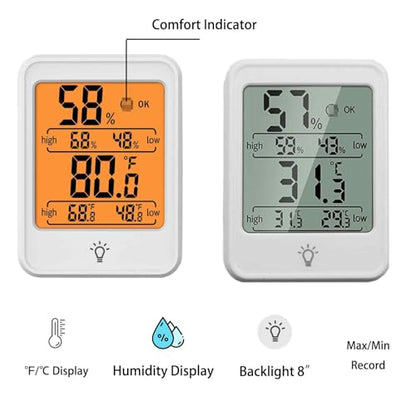 Digital Thermometer Hygrometer Meter, Indoor Room Thermometer Hygrometer Max/Min Record Mini Humidity Monitor with Backlight Magnetic for Baby Rooms, Bedrooms, Home, Office, and Wine Cellars(White)