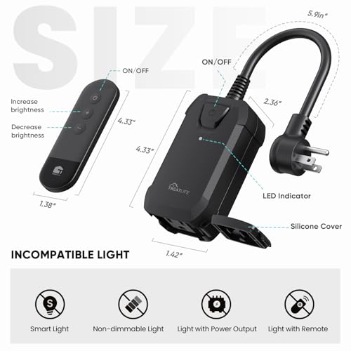 TREATLIFE Dimmer Plug with 100FT Wireless Remote Control, IP44 Weather Resistance, Outdoor Dimmer for String Lights, Lamps, Patio Lights, Max Power 400W