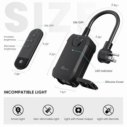 TREATLIFE Dimmer Plug with 100FT Wireless Remote Control, IP44 Weather Resistance, Outdoor Dimmer for String Lights, Lamps, Patio Lights, Max Power 400W
