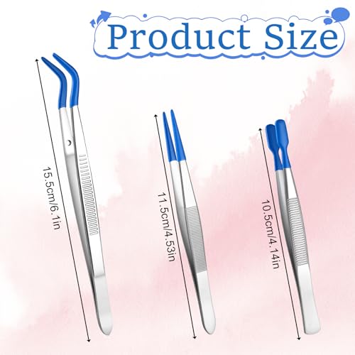 Fibraze 3 Pcs Rubber Tipped Tweezers, PVC Coated Set Long Tweezers for Crafts Straight Flat Tip Long Bent Tweezer for Crafting Stamps Beads Jewelry Blue