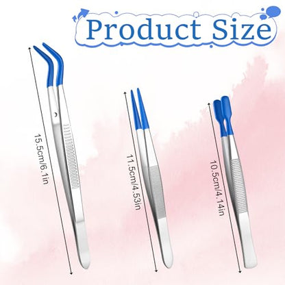 Fibraze 3 Pcs Rubber Tipped Tweezers, PVC Coated Set Long Tweezers for Crafts Straight Flat Tip Long Bent Tweezer for Crafting Stamps Beads Jewelry Blue
