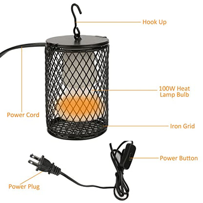 Ceramic Heat Lamp Bulb with Lampshade, 100W Infrared Emitter Heater Lamp Bulbs for Pet Brooder Coop Chicken Lizard Snake Aquarium, with Power Switch&Anti-Biting Hanging Hook