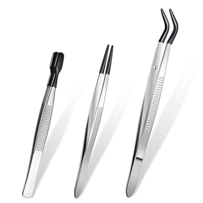 3 Pieces Tweezers with Rubber Tips, Craft Sticker Rubber Tipped Tweezers Straight Flat Tip Long Bent Precision Tweezer Set for Crafting, Jewelry, Stamps, Beads, Lab Industrial Tools (Black)