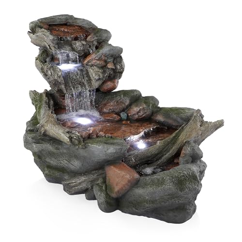 Alpine Corporation | 60"L Outdoor 3-Tier Rainforest Rock River Hand-Painted Water Fountain with LED Lights — Garden, Patio & Yard Décor - style: 60" L - 3-Tier w/ LED's