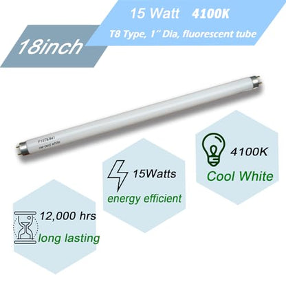 Flyercatch 18 INCH 2Pack F15W-T8-CW Cool White 15 Watt Fluorescent Bulb,18 inch F15T8/CW 4100K Linear Light,T8 Tube for Under Cabinet, Kitchen Sink RV (18'' MOL)