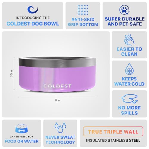 Coldest Dog Bowl - Anti Rust Metal, Non Slip, 3 Layers Insulated Stainless Steel Dog Bowls - Spill Proof & Heavy Duty - Water Bowl for Dogs, Cats, Dish Washer Safe (64 oz, Saturns Purple Glitter) - color: Saturns Purple Glitter, size: 64 oz