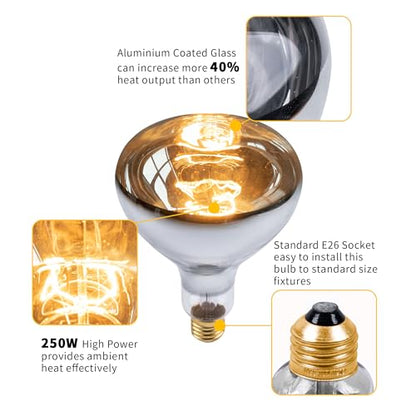 250 Watt Heat Lamp Bulbs, Clear Incandescent Heating Outdoor Light Bulb for Bathroom, Shower, Chickens, Chicks, Ceiling, Reptile, Food, Plants, Medium E26 Base - 6 Pack - size: 6 Pack