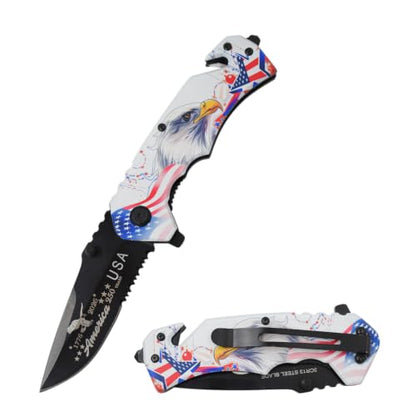 Snake Eye Tactical 7.75" Rescue Folding Pocket Knife – Black Steel Blade, Patriotic 3D Eagle ABS Handle 250th Anniversary Edition - color: White