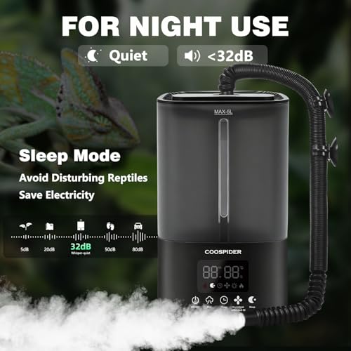 COOSPIDER Reptile Fogger Humidifier, Automatic Humidifiers for Reptiles Tank, Terrarium Humidifier with Timer Humidity Control, Reptile Mister for Amphibians Herps Vivarium (Black, 5L/1.32GAL) - color: Black