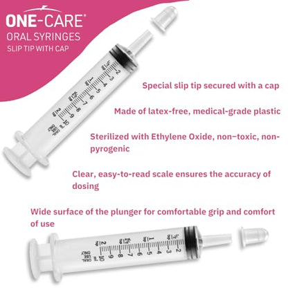 Pack of 100, ONE-CARE 10ml Oral Syringe with Cap, Latex-free, 100 Oral Dispensers - 10ml, Prolonged Slip Tip, Uses include oral administration of medicine for infants, adults and animals - size: 10 ml Black Scale