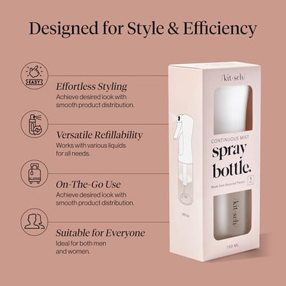 Kitsch Continuous Spray Bottle for Hair – Fine Mist Water Mister & Water Spray Bottle – Recycled Hair Spray Bottle – Spray Bottles for Cleaning, Styling, Plants & More – White, 150ml - color: White