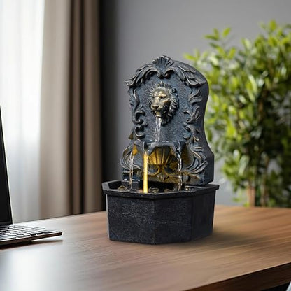 Tabletop Waterfall Fountain with Lion Head – Resin Table Top Water Fountains Indoor for Desk & Home Decor (RJ-21116N)