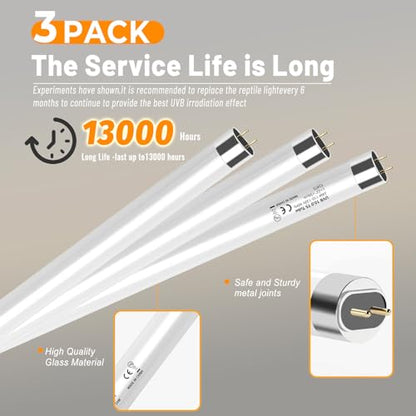 3 Pack T5 10.0 UVB Reptile Light Bulbs 8W 12" – UVA UVB Light Tube for Bearded Dragons, Turtles, Chameleons, Lizards, and Amphibians – Reptile UVB Bulbs for Desert & Tropical Habitats - size: 8W-12 Inch-T5 Bulb-3 Pack