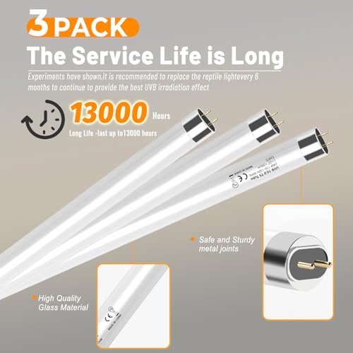 3 Pack T5 10.0 UVB Reptile Light Bulbs 8W 12" – UVA UVB Light Tube for Bearded Dragons, Turtles, Chameleons, Lizards, and Amphibians – Reptile UVB Bulbs for Desert & Tropical Habitats - size: 8W-12 Inch-T5 Bulb-3 Pack