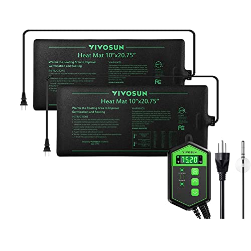 VIVOSUN 2 Pack Durable Waterproof Seedling Heat Mat Warm Hydroponic Heating Pad 10’’ x 20.75’’ and Digital Heat Mat Thermostat Temperature Controller 40–108 ºF for Reptiles, Seedlings, Germination