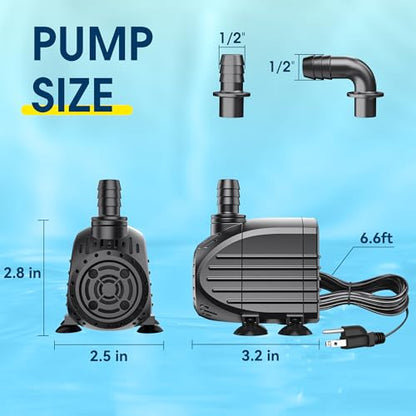 Ultra Quiet Submersible Water Pump 200GPH Size 3.2Lx2.5Wx2.8H in | Water Pump with Dry Burning Protection, 6.6ft Cord, 5.4ft High Lift for Fountains, Waterfall, Hydroponics, Aquariums KF203 - size: 200GPH