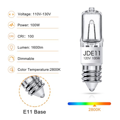 Flaspar JDE11 120V 100W, E11 Bulb, E11 Halogen Light Bulbs, T4 Mini Base Dimmable Candelabra Bulbs, 2800K Warm White Halogen Clear JDE11 Bulb for Ceiling Fan, Chandeliers, Cabinet Lighting, 2 Pack - size: 2 Pack E11 Bulb 100W
