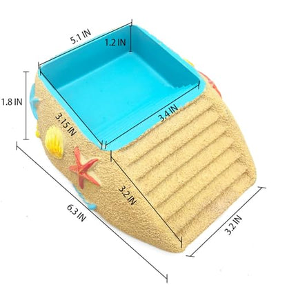 Hermit Crab Water Bowl,Resin Hermit Crab Pool with Climbing Ramp,Beach Style Reptile Feeding Dish Food Bowl Basking Platform Accessories for Turtles,Lizard,Frog,Gecko