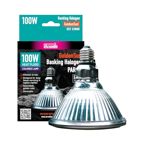 Arcadia Golden Sun Basking Halogen Lamp 100W – Mid Beam Infrared Reptile Heat Lamp Bulb for Bearded Dragons, Tortoises, Iguanas and Turtle Tanks, Long Lasting Easy to Use Indoor Heat Bulb for Reptiles