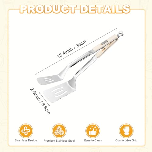 M METERXITY Spatula Tongs, 13.4 Inch 304 Stainless Steel Anti-Scald Extended Serrated Multifunctional Flipper Grill Clamp for Cooking/Barbecue, Kitchen Cooking Tong [White Handle, Silver Tone] - color: White Handle, Silver Tone