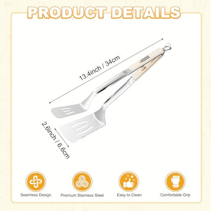 M METERXITY Spatula Tongs, 13.4 Inch 304 Stainless Steel Anti-Scald Extended Serrated Multifunctional Flipper Grill Clamp for Cooking/Barbecue, Kitchen Cooking Tong [White Handle, Silver Tone] - color: White Handle, Silver Tone