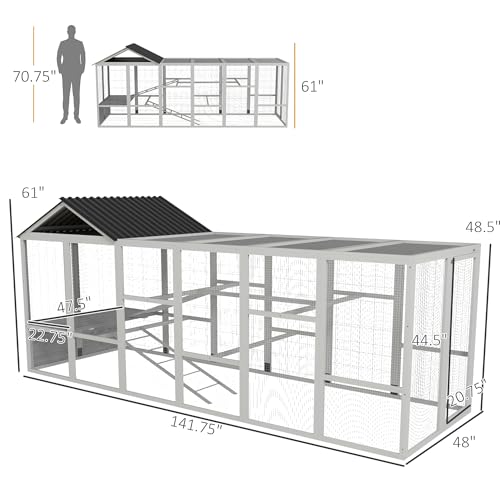 PawHut Wooden Chicken Coop Run for 6-10 Chickens, Hen House, Poultry Cage Add-On with Storage, Perches, 141.75" x 48" x 61", Gray - color: Gray