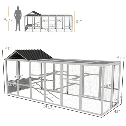 PawHut Wooden Chicken Coop Run for 6-10 Chickens, Hen House, Poultry Cage Add-On with Storage, Perches, 141.75" x 48" x 61", Gray - color: Gray