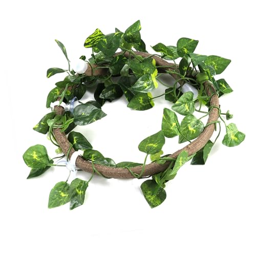 Realistic Flexible Rattan Vine for Reptile, Climbing Decoration for Lizard, Chameleon, Frog, Geckos, 3.28 Feet, 1 Piece, PU + Non-Toxic Plastic (+ - size: Rotin + feuilles de radis vert