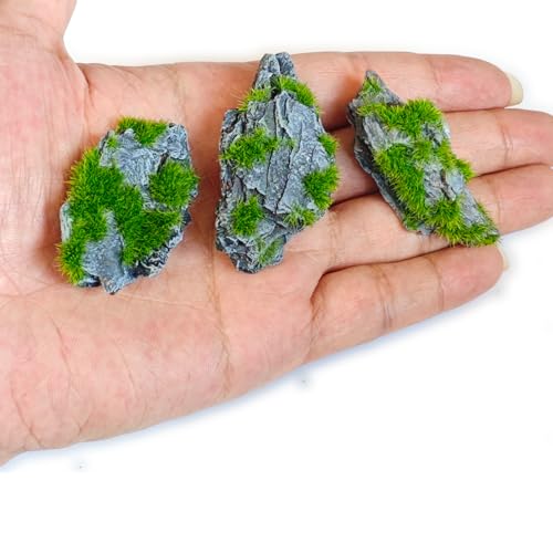 Miniature Moss Stones for Terrarium - Tree Bark Diorama Rocks for Miniature Terrain Display - Lightweight Reptile Habitat Decor - NOT for Aquarium Underwater Use - 24 Pcs Flocking-Covered (1-2 inch) - style: 24P Flocking Slate Rocks (Wooden)