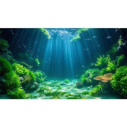 Riivvdise Aquarium Background Aquatic Plants Soft Algae Terrarium Backdrop Underwater World Fish Rock with Moss Sunlight Rays Fish Tank Background Aquarium Wallpaper Poster Decor Vinyl 36x20in - color: Coral Green, size: 36(W)x20(H)inches/ 90(W)*50cm(H)