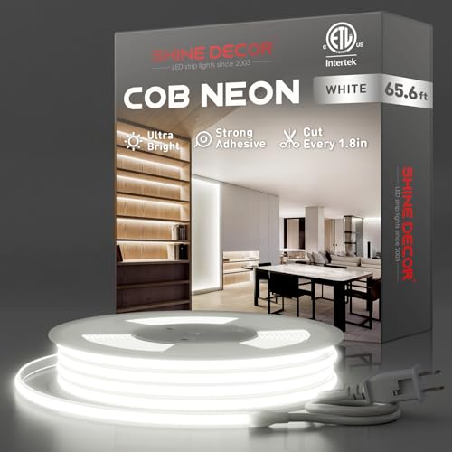 Shine Decor COB LED Rope Light AC 120V, 800lm Ultra Bright, IP65 Waterproof Cold-Resistant ETL Neon Strip, No Driver Tape Lighting for Home Commercial 10x4.5mm, 6000K Cool White, 65.6ft - color: 6000K Cool White, size: 65.6 ft