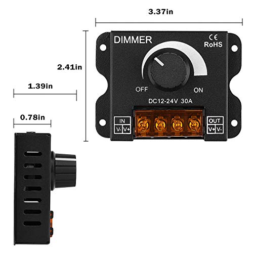 SUPERNIGHT LED Light Strip Dimmer, DC12V-24V 30A PWM Dimming Controller for Dimmer Knob Adjust Brightness ON/Off Switch with Aluminum Housing