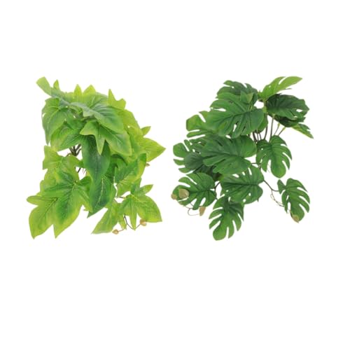 BESPORTBLE 2pcs Artificial Hanging Plant for Reptile Habitat with Suction Cup, Lifelike Plastic Leaf Terrarium Decor, 23 Leaf Monstera and Sweet Potato, Suitable for Amphibians