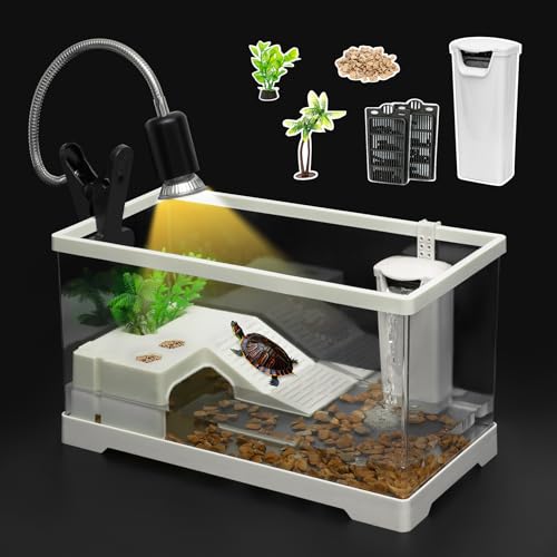 Large Turtle Tank Kit, All in One Starter Habitat,Red Eared Slider Aquatic for Tortoise,Fishes and Amphibians,Include Silent Filter,Filter Plates,UVB Lamp,Bulb,Plants,Stone,Basking Platform