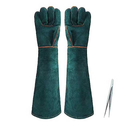 1 Pair Animal Handling Gloves Bite Proof,Leather Welding Gloves,24.4in Reinforced Leather Gloves with 2 Tweezers for Dog Training,Cat,Falcon,Reptile(Blue)