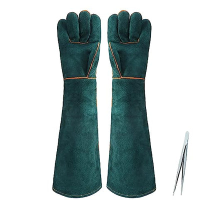1 Pair Animal Handling Gloves Bite Proof,Leather Welding Gloves,24.4in Reinforced Leather Gloves with 2 Tweezers for Dog Training,Cat,Falcon,Reptile(Blue)