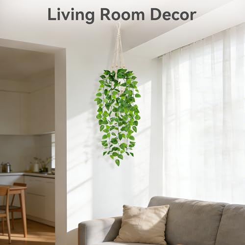 USLAI Fake Hanging Plant, Artificial Pothos Vines Greenery with Pot and Macrame Plant Hanger for Indoor Outdoor Boho Decor - size: 2 Pack