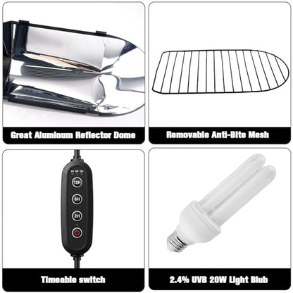 Bird Cage Light Fixture Combo Kit with Adjustable Timer,Lamp Hood with 2.4% UVB UVA 20W Compact Fluorescent Bulb for All Kinds Captive Birds Reptiles