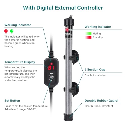 hygger Submersible Aquarium Heater, 100W 150W 200W 300W Adjustable Fish Tahk Heater with Temperature Controller, LED Display, Small Aquarium Betta Heater for up to 20/26/40/48 Gallons - size: 200W