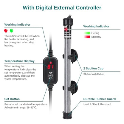 hygger Submersible Aquarium Heater, 100W 150W 200W 300W Adjustable Fish Tahk Heater with Temperature Controller, LED Display, Small Aquarium Betta Heater for up to 20/26/40/48 Gallons - size: 200W