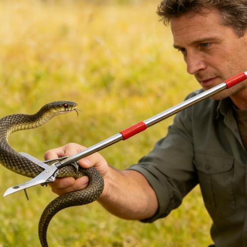 Snake Grabber Tool, 50 in / 127 cm Extra Long Folding Stainless Steel Tongs with Four-Toothed Jaws, Includes Gloves and Bag for Safe Handling