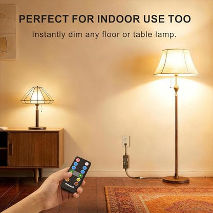 Outdoor Dimmer for String Lights, Plug-in 350W Timer & Remote | IP65 waterproof LED light dimmer switch. 100FT RF remote control works through walls. Perfect for patio & backyard bulbs