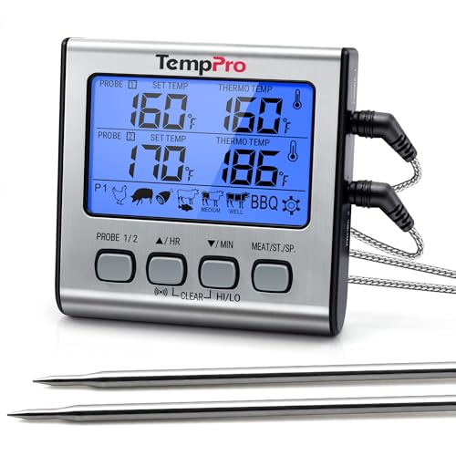 TempPro TP17 Dual Probe Digital Cooking Meat Thermometer Large LCD Backlight Food Grill Thermometer with Timer Mode for Smoker Kitchen Oven BBQ, Silver (Previously ThermoPro) - size: 2-probes