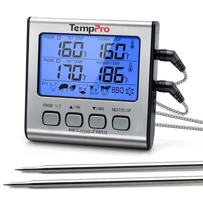 TempPro TP17 Dual Probe Digital Cooking Meat Thermometer Large LCD Backlight Food Grill Thermometer with Timer Mode for Smoker Kitchen Oven BBQ, Silver (Previously ThermoPro) - size: 2-probes