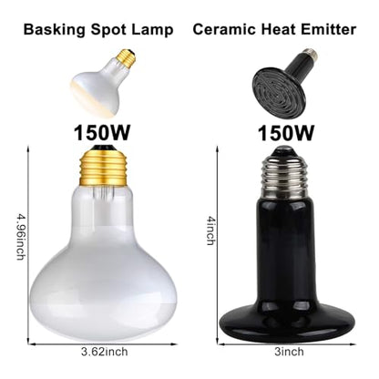DXOPHIEX Dual Reptile Light Fixture,Reptile Heat Lamp Fixture with 150W Basking Bulb&Ceramic Heat Emitter,Double Dome Heat Lamp for Lizard,Gecko,Bearded Dragon,Tortoise,Snake,Chameleon - style: 15inch with 150W Basking Bulb&Ceramic Heat Emitter
