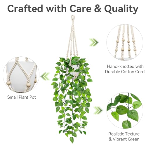 USLAI Fake Hanging Plant, Artificial Pothos Vines Greenery with Pot and Macrame Plant Hanger for Indoor Outdoor Boho Decor - size: 2 Pack