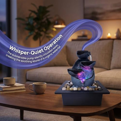 Tabletop Water Fountain with LED Lights, Indoor Resin Waterfall Fountain for Desk Office Home Decor, Zen Meditation Relaxation Feature with ON/Off Switch and Pebbles - size: A