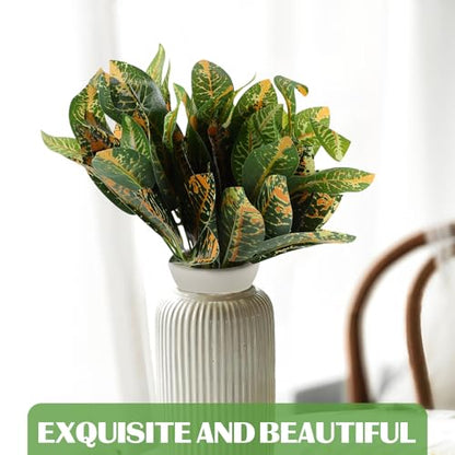 Artificial Croton Plant Leaves Faux Greenery Stems 7-Branch Plastic Tropical Foliage for Reptile Tank Terrarium and Indoor Home Garden Decor 4pcs Set