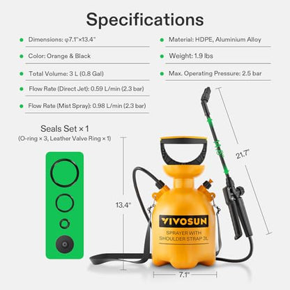 VIVOSUN 0.8Gal/3L Pump Pressure Sprayer, Pressurized Water Spray Bottle with Adjustable Shoulder Strap, Adjustable Nozzle, Safety Valve & Additional Seals, Ideal for Watering, Fertilizing, Cleaning - size: 0.8 Gallon / 3 Liter