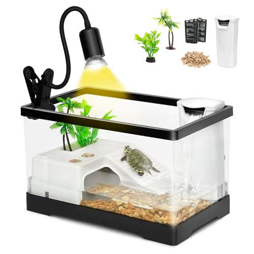 AZV All in One Turtle Tank Kit,PC Large Aquarium,Red Eared Slider Enclosure | Terrarium for Baby Tortoise,Fishes,Include Multi-Function Area,Basking Platform,Filter,Filter Plates,Plants,UVB Lamp,Stone